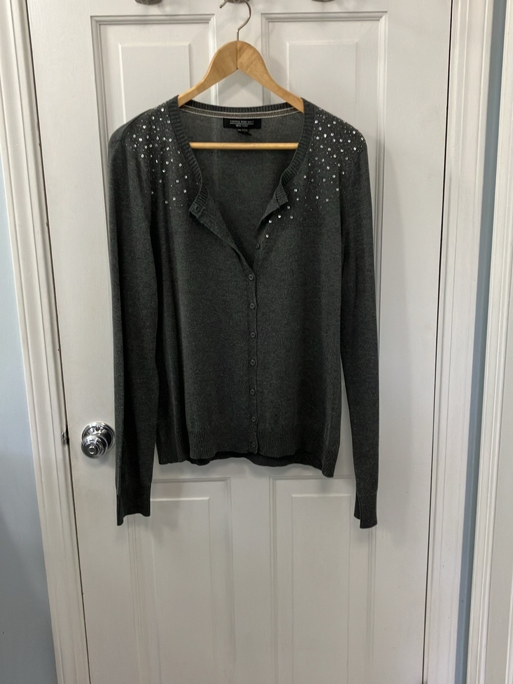 Grey sequin long sleeve cardigan sweater button up XXL Central Park West